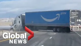 High winds blow Amazon delivery truck off the road in Colorado