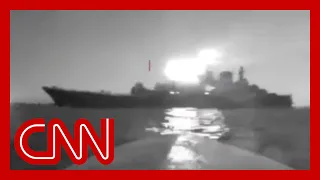 Video appears to show sea drone strike Russian ship