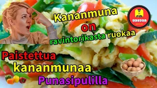 Paistettua kananmunaa punasipulilla. Kananmuna on ravintorikasta ruokaa