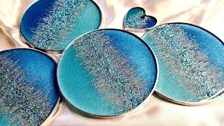 #1245 Beautiful Blue, Aqua And Silver 'Bling' Resin Coasters