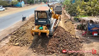 Expertly Technique Skills Operator Dozer Pushing Stone & Trucks Dumping Stones Build Foundation Road