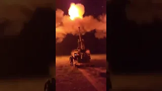 By night, Ukraine Forces fire a French-supplied CAESAR 155mm howitzer on Russian targets