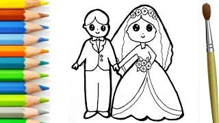 Easy cute simple bride and groom drawing, painting Colouring kids toddlers|how to draw bride groom