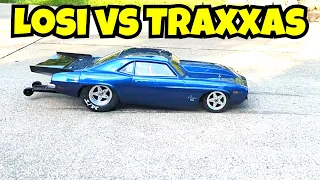 Losi vs Traxxas Drag Cars - driveway fun races and crashes