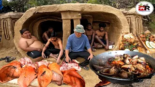 World Best Pig Ear and Tongue Cooking in Our Survival House and Eating Big MUKBANG Pork Ear