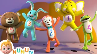 Five Little Animals Jumping on the Bed | Learn Numbers | Nursery Rhymes & Kids Songs | NuNu Tv