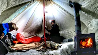 HOT TENT Winter CAMPING on a Backcountry Lake | Fishing & Cooking on Woodstove