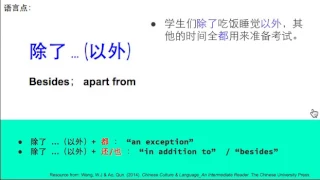 Chinese Grammar: 除了 ... (以外)  besides, apart from (HSK 3)