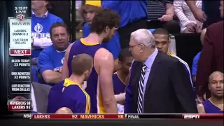 Phil Jackson Slaps Pau Gasol(For Being Soft) As The Lakers Fall Behind 3-0 To The Mavericks 5-6-2011