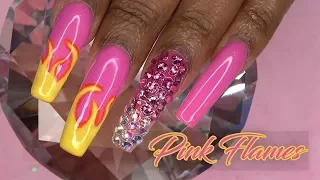 Acrylic Nails Tutorial - How To Acrylic Nails with Nail Tips Pink Flames Bling - Non Dominant Hand