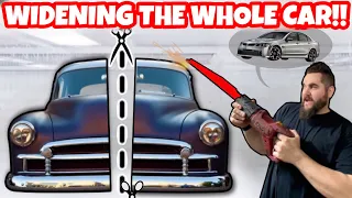 CHOPPING & WIDENING THE WHOLE CAR! 1950 CHEVY ON PONTIAC G8 CHASSIS SWAP!