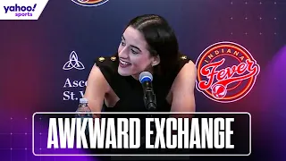 Watch CAITLIN CLARK's awkward exchange with reporter | FULL PRESSER | Yahoo Sports