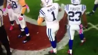 Kicker Pat McAfee from the Colts recovers his own onside Kick