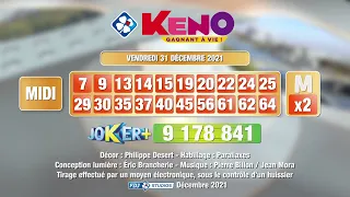 Tirage du midi Keno gagnant à vie® du 31 décembre 2021 - Résultat officiel - FDJ