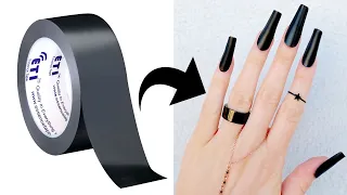 DIY - HOW TO MAKE FAKE NAILS WITH BLACK TAPE at HOME - NO NAIL GLUE!