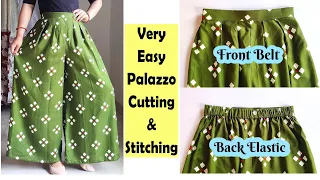 Very Easy Palazzo Cutting And Stitching | Front Belt Back Elastic Palazzo | English Subtitles