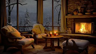 Winter Cozy Porch Ambience ⛄ Snowy Day with Smooth Jazz | Fireplace Sounds to Studying, Sleeping