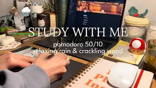 3-HR STUDY WITH ME 🪵⏱️ Cozy Evening by the Fireplace, Calming Rain, Pomodoro 50/10 with Timer