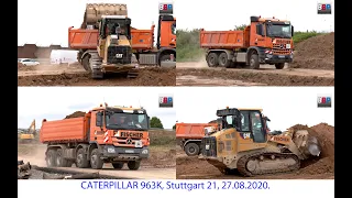 Stuttgart 21: CATERPILLAR 963K & MERCEDES Trucks, Südumfahrung Plieningen, 27.08.2020.