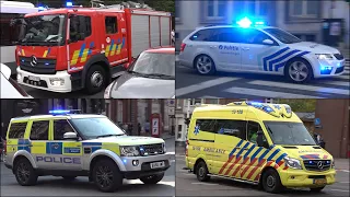 Fire Trucks, Police Cars and Ambulances responding with siren and lights in Europe