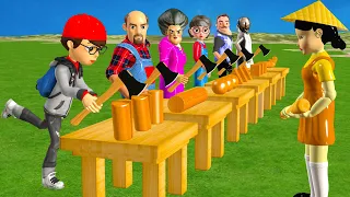 Scary Teacher 3d vs Squid Game Challenge Axe 3 Times Wooden in Farm Miss T vs Nick and Tani Win