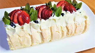 Incredible delicious Dessert for tea, Meringue Roll with Strawberries, Pavlova roll, roulade
