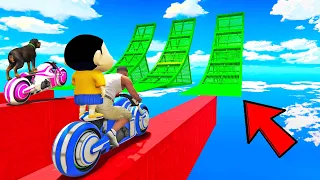 SHINCHAN AND FRANKLIN TRIED TRIPLE MEGA RAMP & CRAZY RACE  JUMP CHALLENGE BY CARS BIKES TRUCKS GTA 5