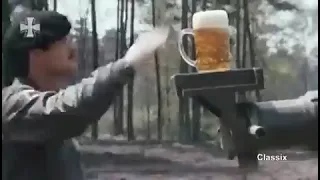 Using a mug of beer to test the gun stabilization on a German Leopard 2 tank