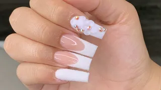 Tapered Square Sugar French Tip Acrylic Nail | 3D Flower