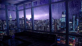 Heavy rain on window 10 hours. Distant thunder and lightning. Evening New York City