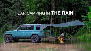 Car camping in the rain with Land Cruiser Toyota, STANLEY Lunch Box, Tarp & Bonfire