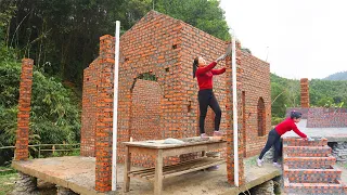 Building New House 2024: The Girl's Amazing Technique Build Eaves Pillars & Step Out of Bricks