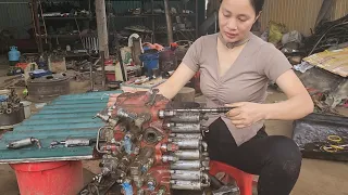 Genius girl repairs excavator. Replace seal O- ring for control valve, hydraulic excavator.