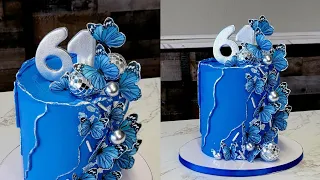 Royal Blue Diagonal Textured Buttercream with Edible Butterflies Cake | Cake Decorating Tutorial