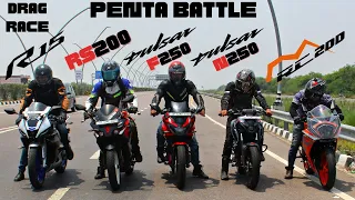 KTM RC200 vs Pulsar F250 vs Pulsar N250 vs RS200 vs R15m Drag Race and Comparison