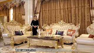 top luxury golden royal living room leather sofa set, top gain nublack leather, solid wood furniture