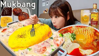 Sub)Real Mukbang- Cream Sauce Omurice 🧈 Spicy Soft Tofu Ramen 🍜🔥 Highball 🥂 ASMR KOREAN FOOD