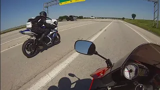 A zx6r, a gsxr750, and a backpack