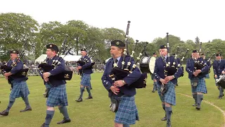 Black Bear & Scotland the Brave as RAF Lossiemouth Pipes & Drums march off at 2022 Aberdeen Games