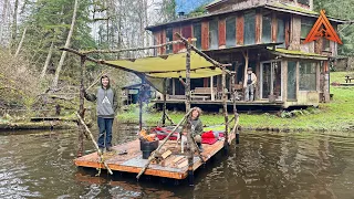 Camping on Floating Bushcraft Shelter at Neighbor's Cabin in the Woods