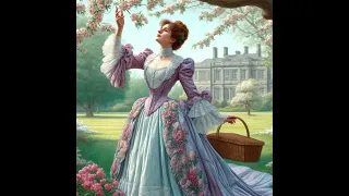 Woman in a lush, blooming garden, dressed in historical fashion early 20th century. #painting #music