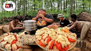 Self Made Pork Momo Cooking and Eating in Jungle at Our Survival House  Colorful Momo Nanglo MUKBANG