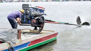 Fisherman Starting Dangerous Giant Truck Engine on its Boat