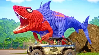 Spider-man King Shark Dinosaur Killer vs Three Head Indoraptor, Spinosaurus, I-Rex Jurassic World