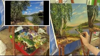 Речка. Мастер-класс на двух холстах. Oil painting. Workshop on two canvases. River.