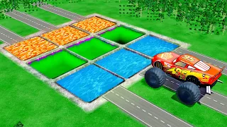 Giant Lava & Acid & Water Square Pit Vs Huge & Tiny PIXAR CARS! BeamNG Drive!