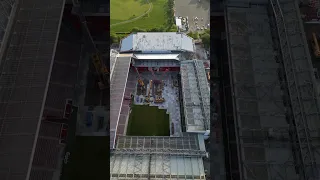 Anfield Road Expansion, cranes on pitch ready to remove old roof.#anfieldstadium #liverpoolfc