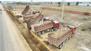 Excellence Huge Dump Truck Unloading Stone Road Foundation Construction Excavator Moving Stone