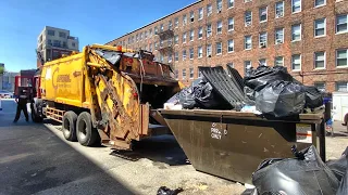 Full Bulky Dumpsters in an Intense Boston Alley Eaten by a Monster Garbage Truck