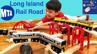 Johny Unboxes MTA Munipals Long Island Railroad With MTA Train Toys On Wooden Track Layout